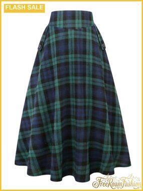 Womens High Waisted Plaid A Line Pleated Long Maxi Skirt Pockets